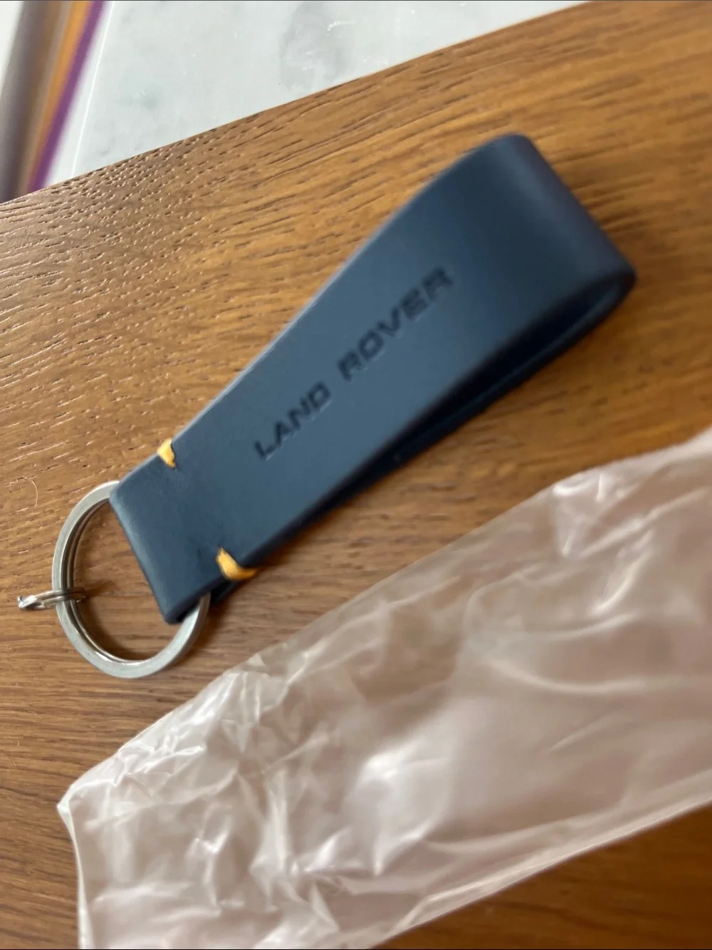 Land Rover Navy Leather Key Fob with Yellow Stitch Accents